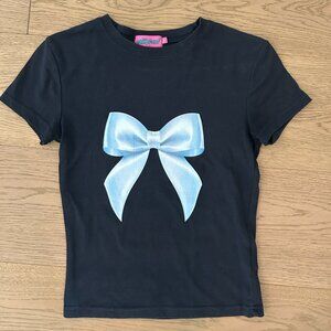 Edikted Bow Graphic Baby Tee Navy Short Sleeve Crop Top Y2K Women, Size XS